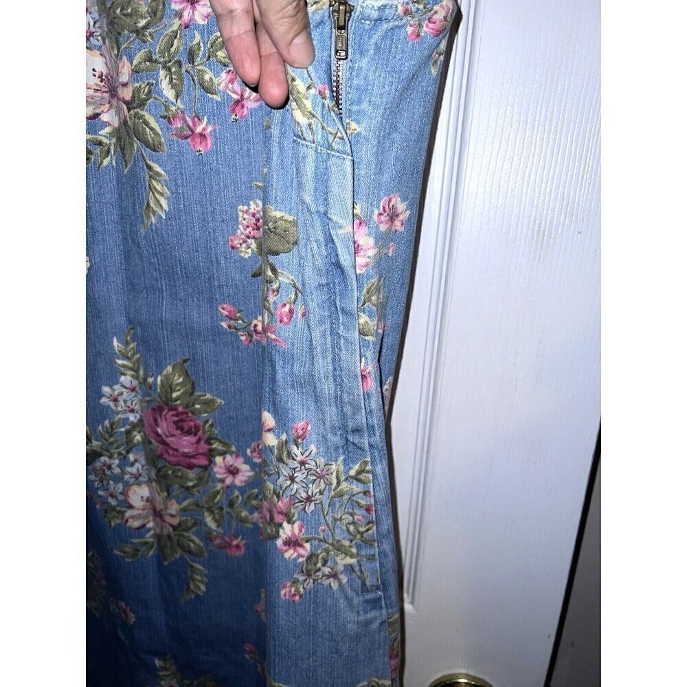 LIZ CLAIBORNE Y2K Jean Jumper Light Blue Pink Roses Cottagecore Dress Sz 10 - Picture 8 of 15